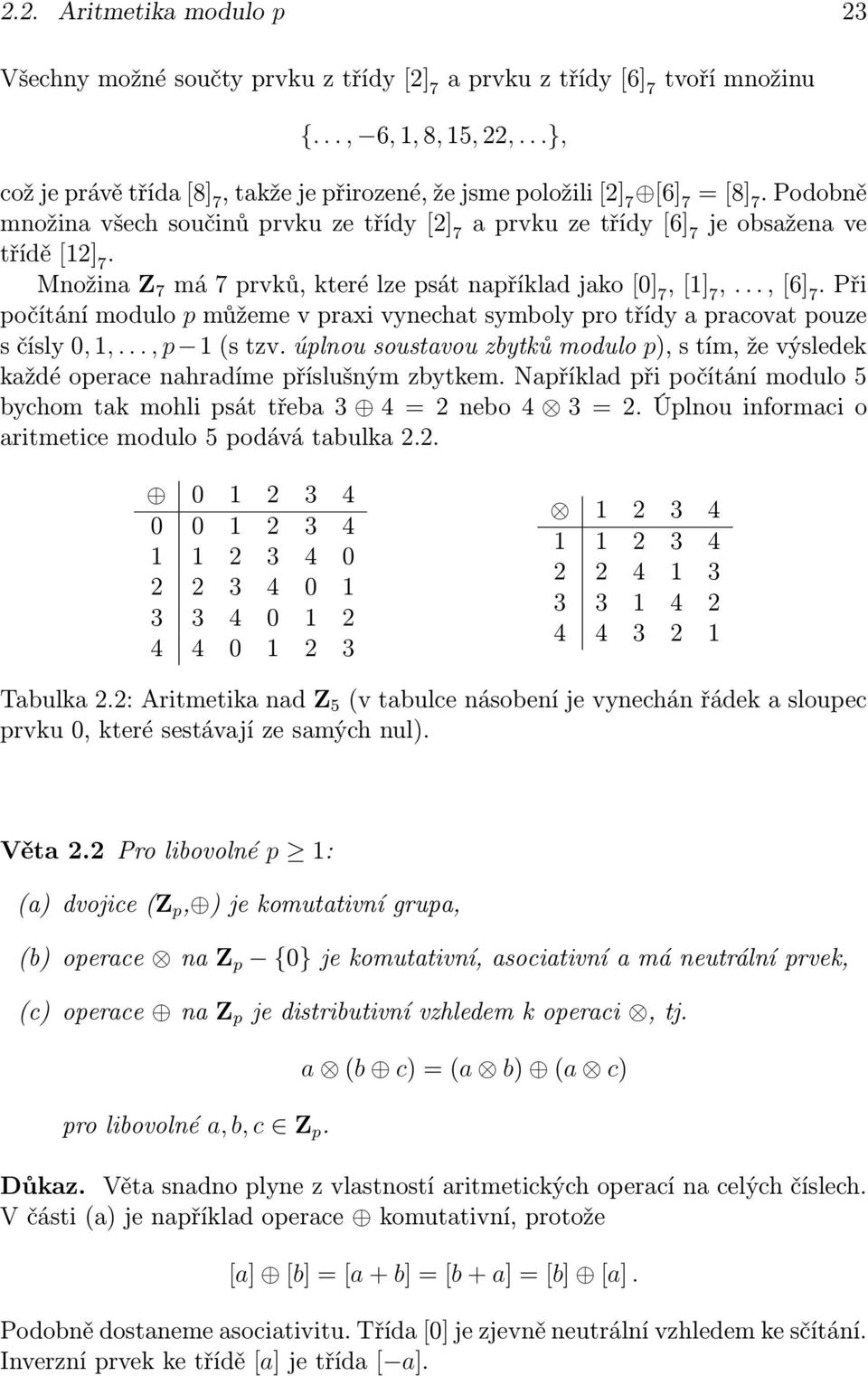Množina Z 7 má 7 prvků, které lze psát například jako [0] 7, [1] 7,..., [6] 7. Při počítání modulo p můžeme v praxi vynechat symboly pro třídy a pracovat pouze s čísly 0, 1,..., p 1 (s tzv.