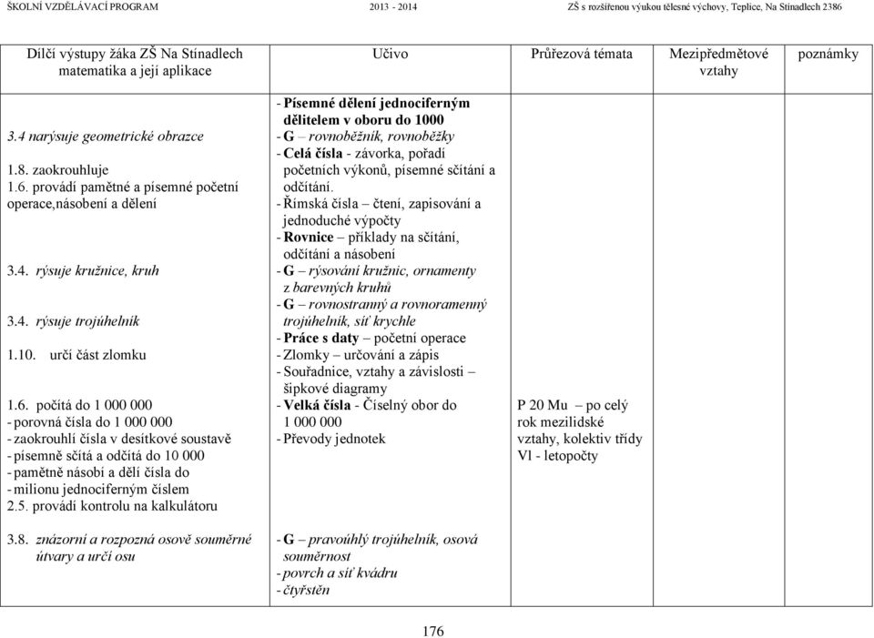 počítá do 1 000 000 - porovná čísla do 1 000 000 - zaokrouhlí čísla v desítkové soustavě - písemně sčítá a odčítá do 10 000 - pamětně násobí a dělí čísla do - milionu jednociferným číslem 2.5.