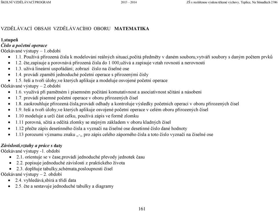 provádí zpaměti jednoduché početní operace s přirozenými čísly 1.5. řeší a tvoří úlohy,ve kterých aplikuje a modeluje osvojené početní operace Očekávané výstupy 2.období 1.6.