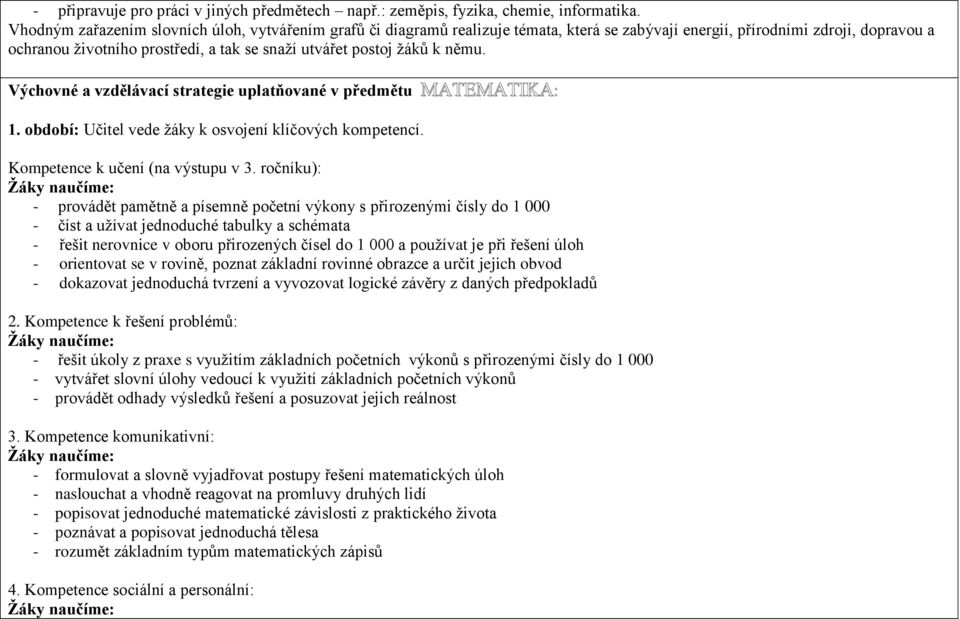 k němu. Výchovné a vzdělávací strategie uplatňované v předmětu MATEMATIKA: 1. období: Učitel vede y k osvojení klíčových kompetencí. Kompetence k učení (na výstupu v 3.