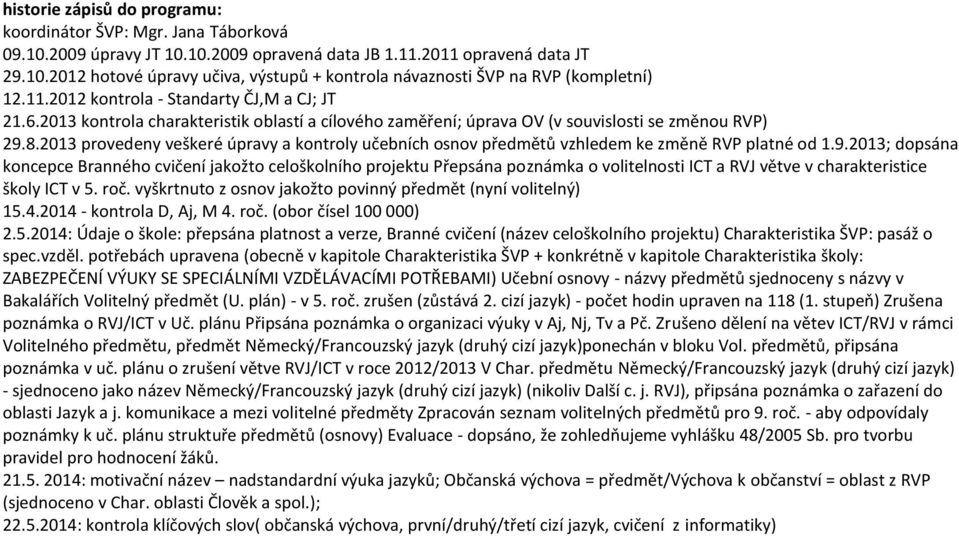 2013 provedeny veškeré úpravy a kontroly učebních osnov předmětů vzhledem ke změně RVP platné od 1.9.