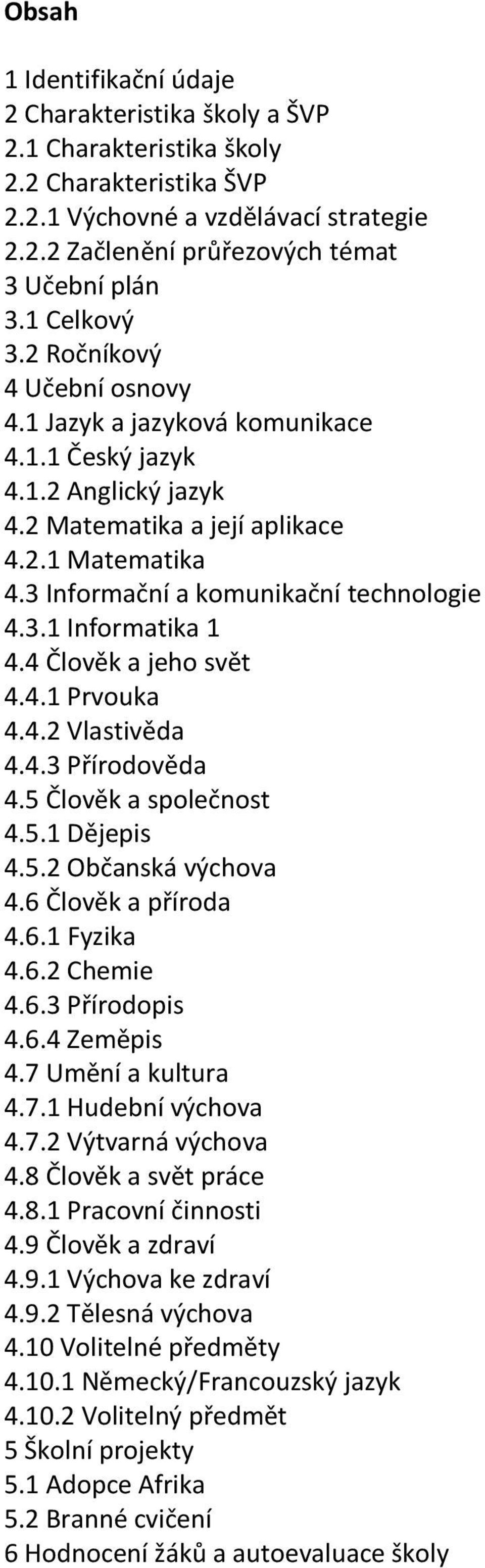 3 Informační a komunikační technologie 4.3.1 Informatika 1 4.4 Člověk a jeho svět 4.4.1 Prvouka 4.4.2 Vlastivěda 4.4.3 Přírodověda 4.5 Člověk a společnost 4.5.1 Dějepis 4.5.2 Občanská výchova 4.