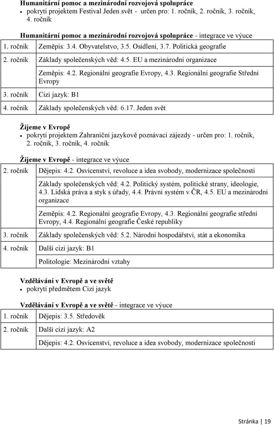 2. Regionální geografie Evropy, 4.3. Regionální geografie Střední Evropy 3. ročník Cizí jazyk: B1 4. ročník Základy společenských věd: 6.17.