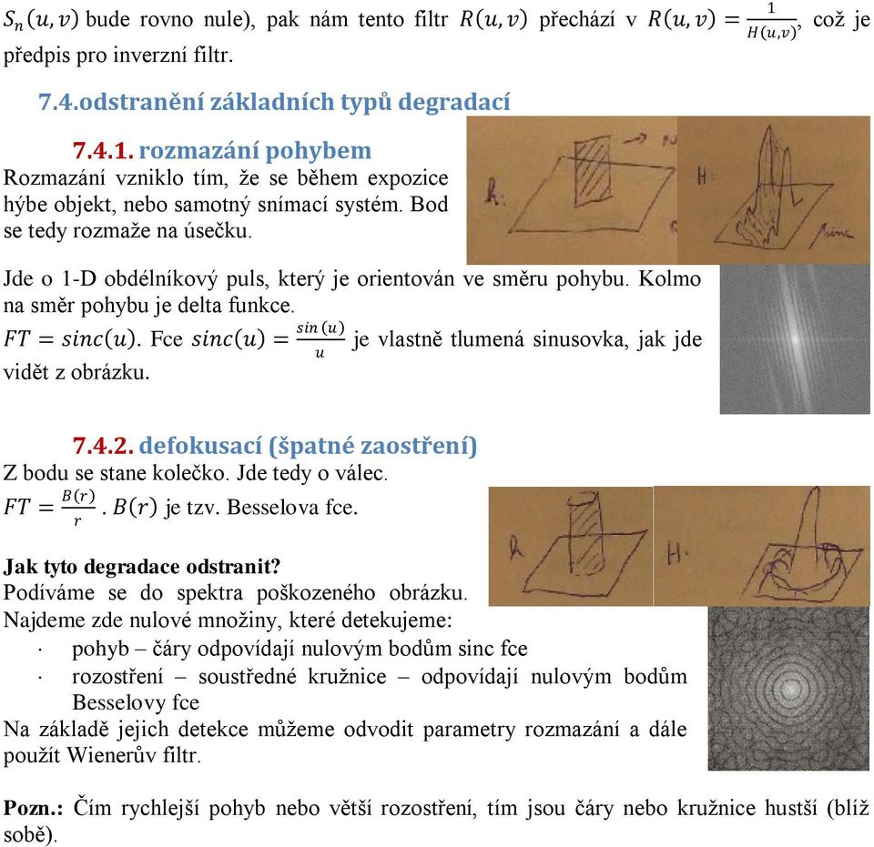 sin u u je vlastně tlumená sinusovka, jak jde H u,v, což je 7.4.2. defokusací (špatné zaostření) Z bodu se stane kolečko. Jde tedy o válec. FT = B r r. B r je tzv. Besselova fce.