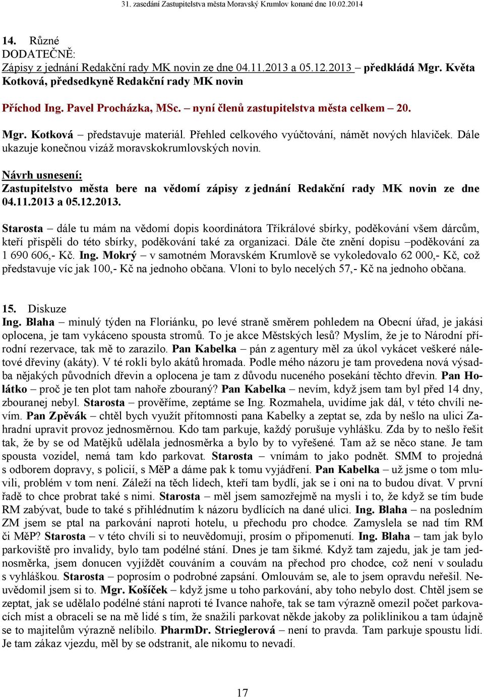 Zastupitelstvo města bere na vědomí zápisy z jednání Redakční rady MK novin ze dne 04.11.2013 