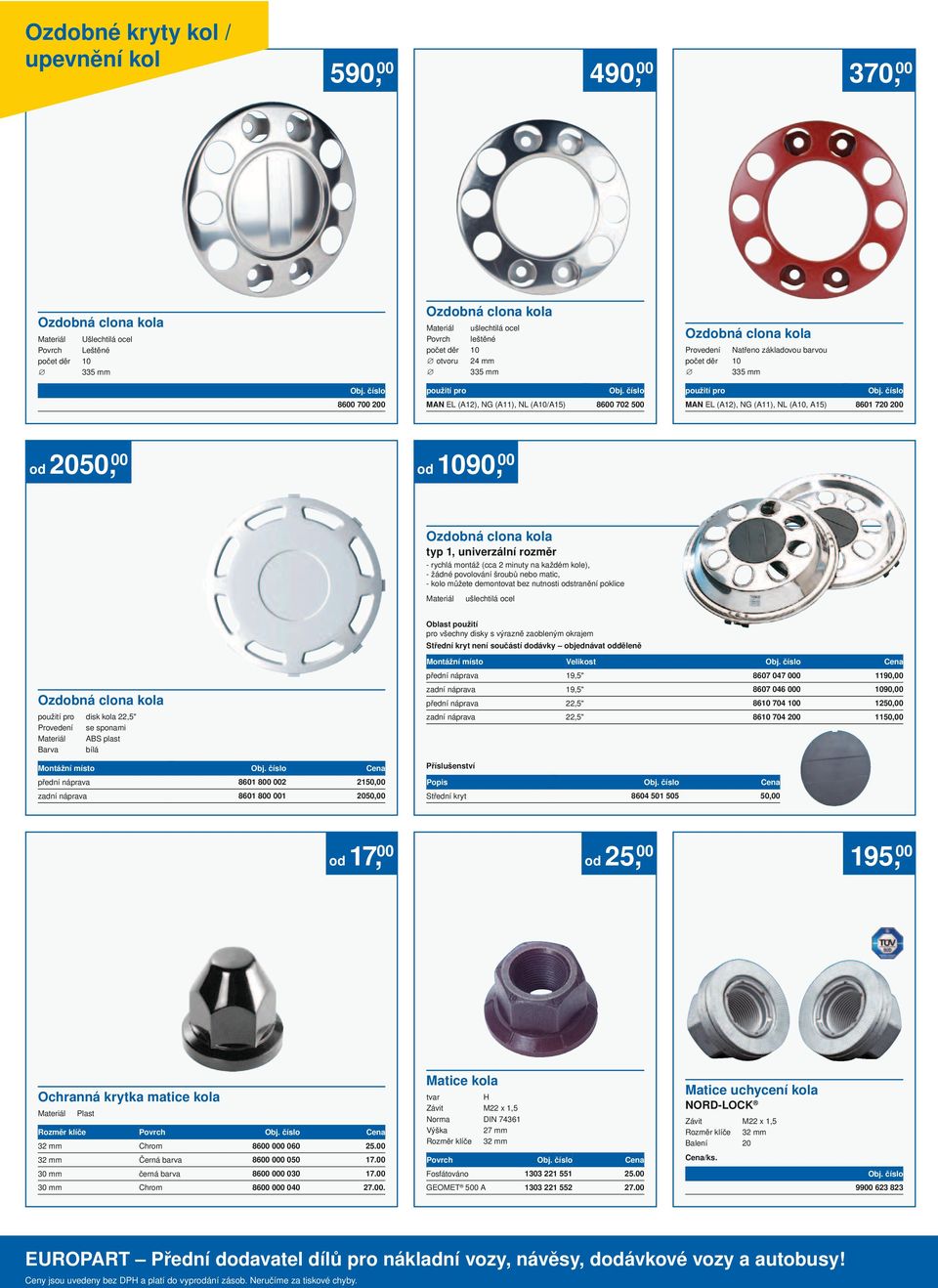 NG (A11), NL (A10, A15) 8601 720 200 od 2050, 00 od 1090, 00 Ozdobná clona kola typ 1, univerzální rozměr - rychlá montáž (cca 2 minuty na každém kole), - žádné povolování šroubů nebo matic, - kolo