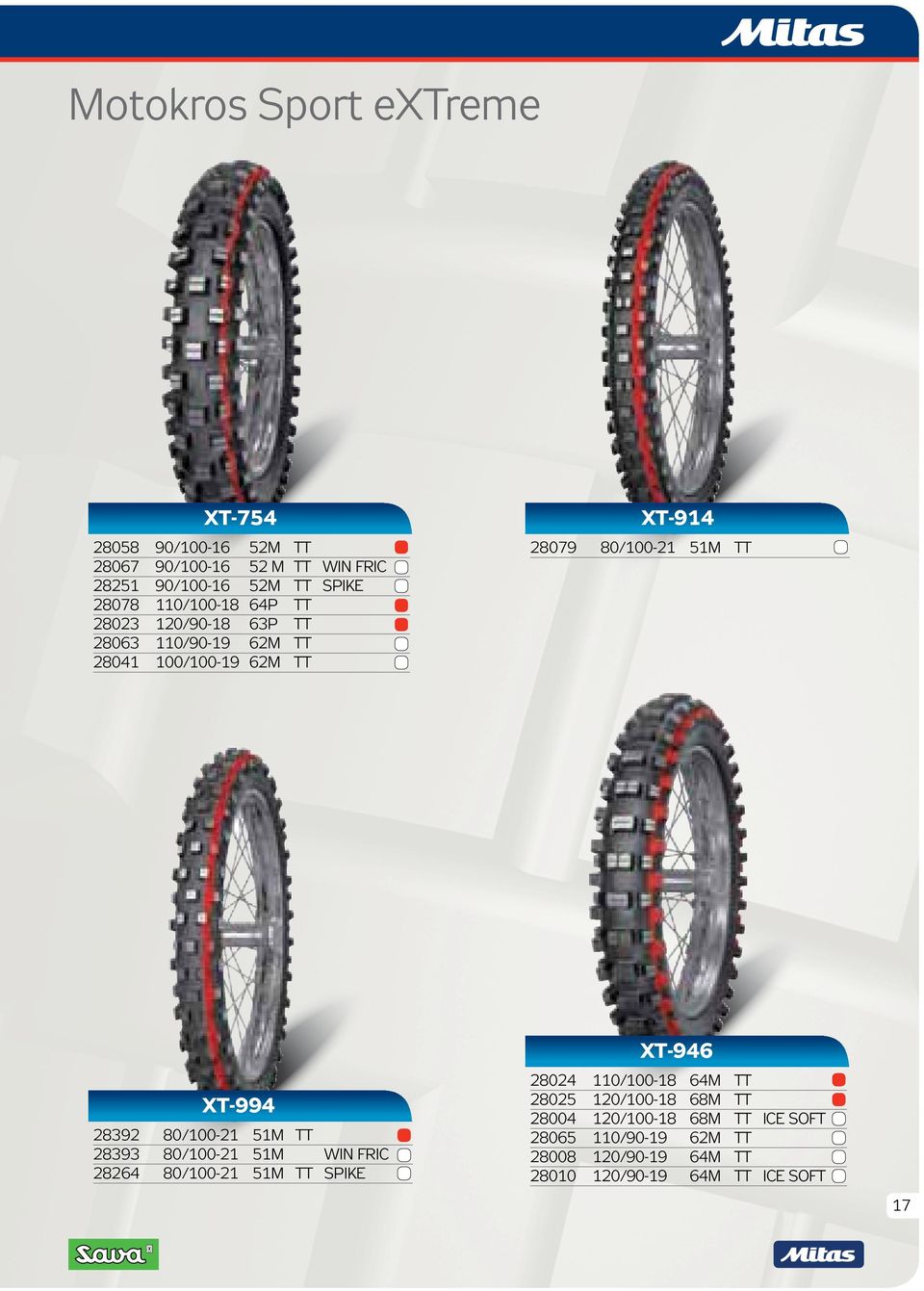 XT-994 28392 80/100-21 51M TT 28393 80/100-21 51M WIN FRIC 28264 80/100-21 51M TT SPIKE XT-946 28024 110/100-18 64M TT