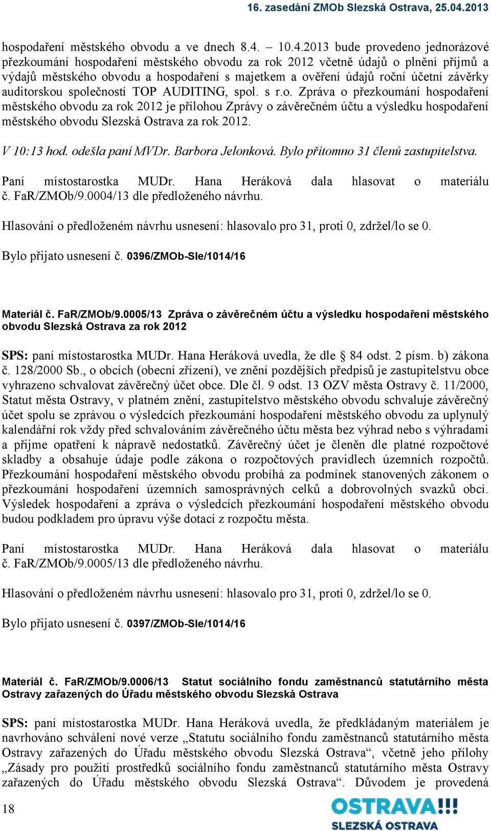 závěrky auditorskou společností TOP AUDITING, spol. s r.o. Zpráva o přezkoumání hospodaření městského obvodu za rok 2012 je přílohou Zprávy o závěrečném účtu a výsledku hospodaření městského obvodu Slezská Ostrava za rok 2012.