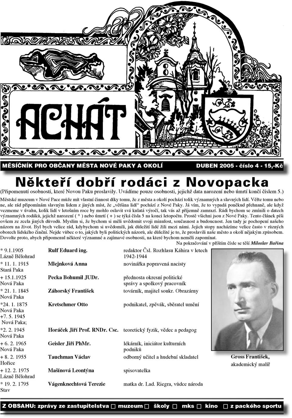 5. 1945 Nová Paka; *2. 2. 1945 Horáček Jiří Prof. RNDr. Csc. teoretický fyzik, vědec a pedagog Nová Paka + 6. 2. 1965 Geisler Jiří PhMr. lékárník, iniciátor kulturních Nová Paka podniků + 8. 2. 1955 Tauchman Václav odborný učitel a hudební skladatel Hořice + 12.