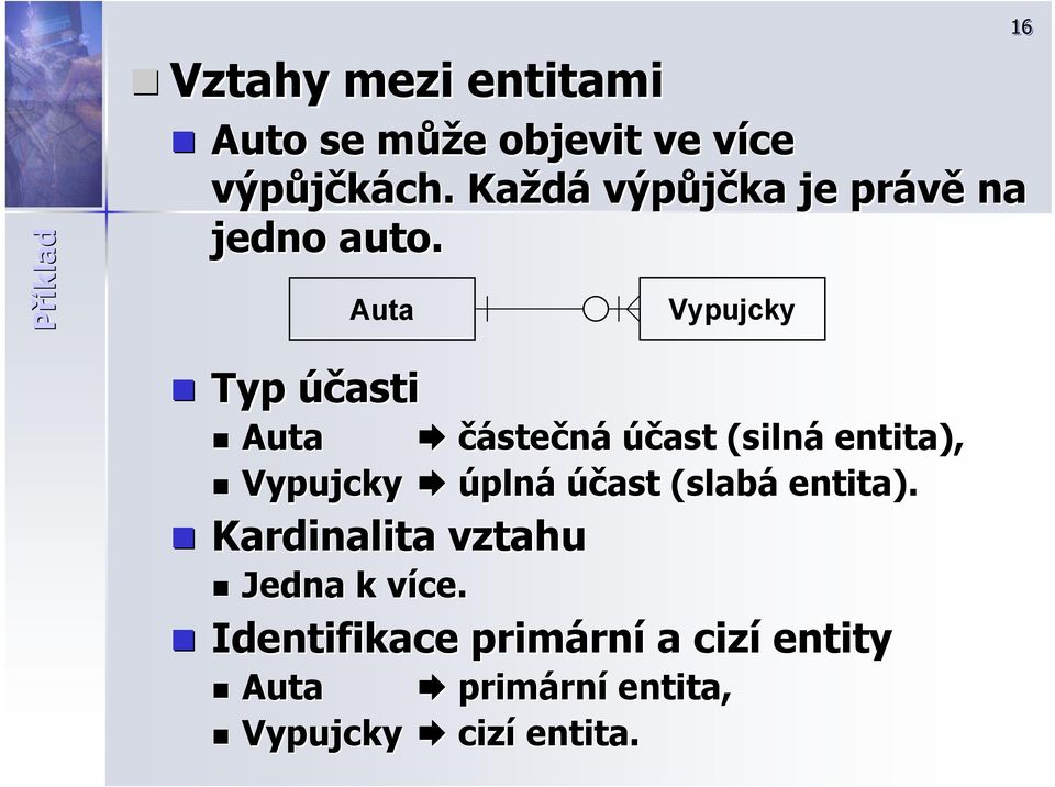 Auta Vypujcky 16 Typ účasti Auta částečná účast (silná entita), Vypujcky úplná účast