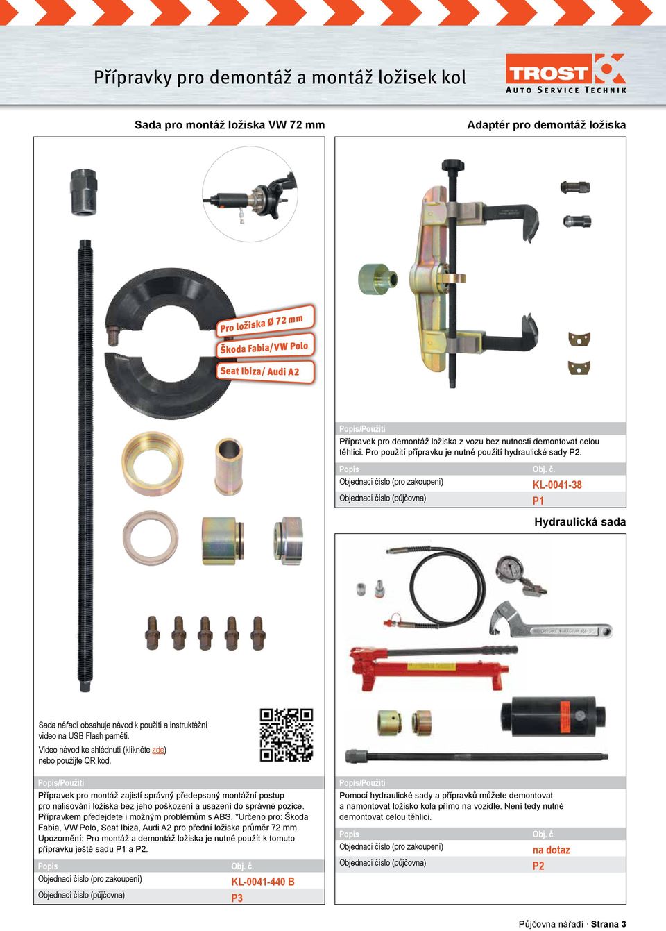 KL-0041-38 P1 Hydraulická sada Sada nářadí obsahuje návod k použití a instruktážní video na USB Flash paměti. Video návod ke shlédnutí (klikněte zde) nebo použijte QR kód.