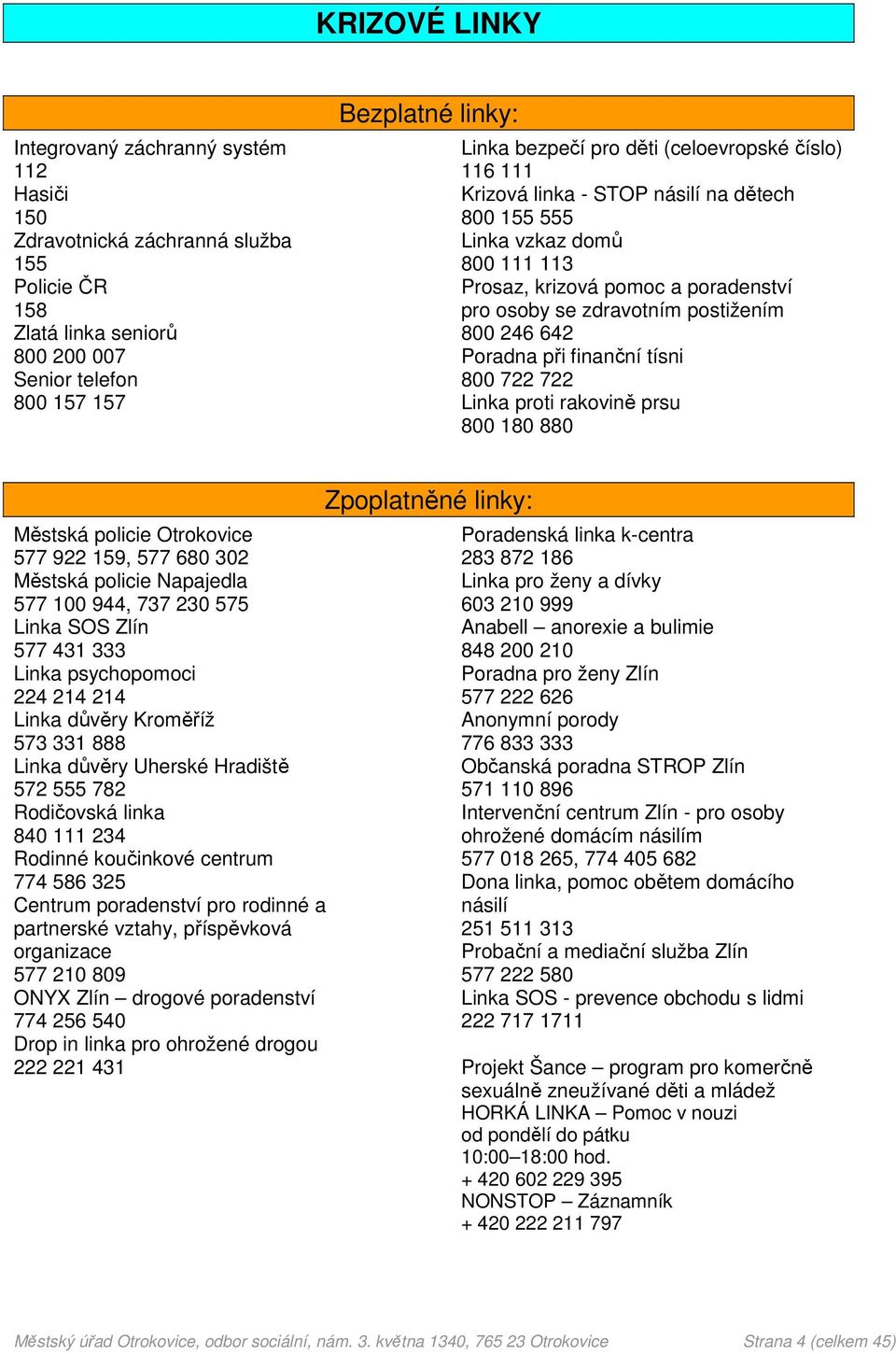 Poradna při finanční tísni 800 722 722 Linka proti rakovině prsu 800 180 880 Městská policie Otrokovice 577 922 159, 577 680 302 Městská policie Napajedla 577 100 944, 737 230 575 Linka SOS Zlín 577