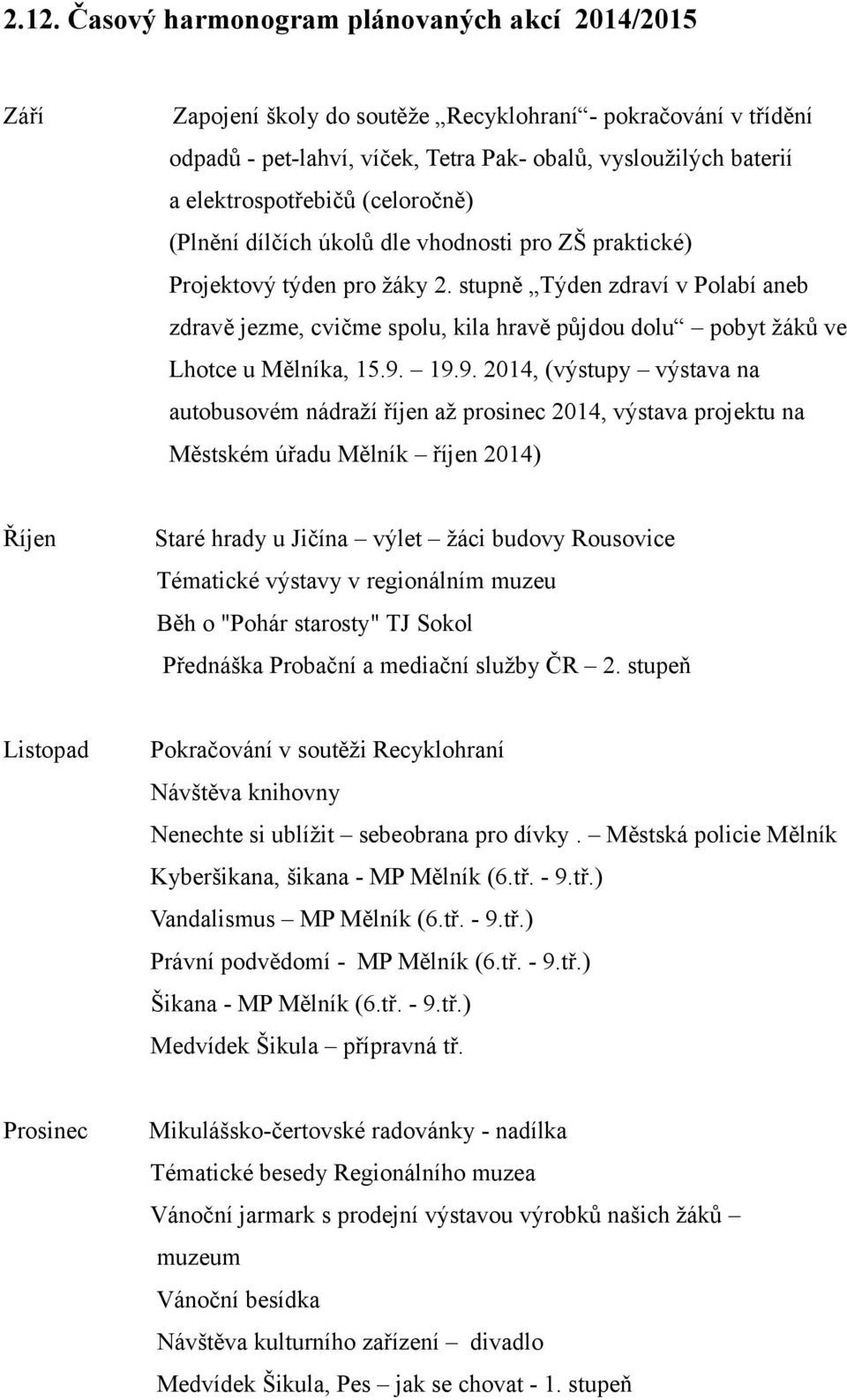 stupně Týden zdraví v Polabí aneb zdravě jezme, cvičme spolu, kila hravě půjdou dolu pobyt žáků ve Lhotce u Mělníka, 15.9.