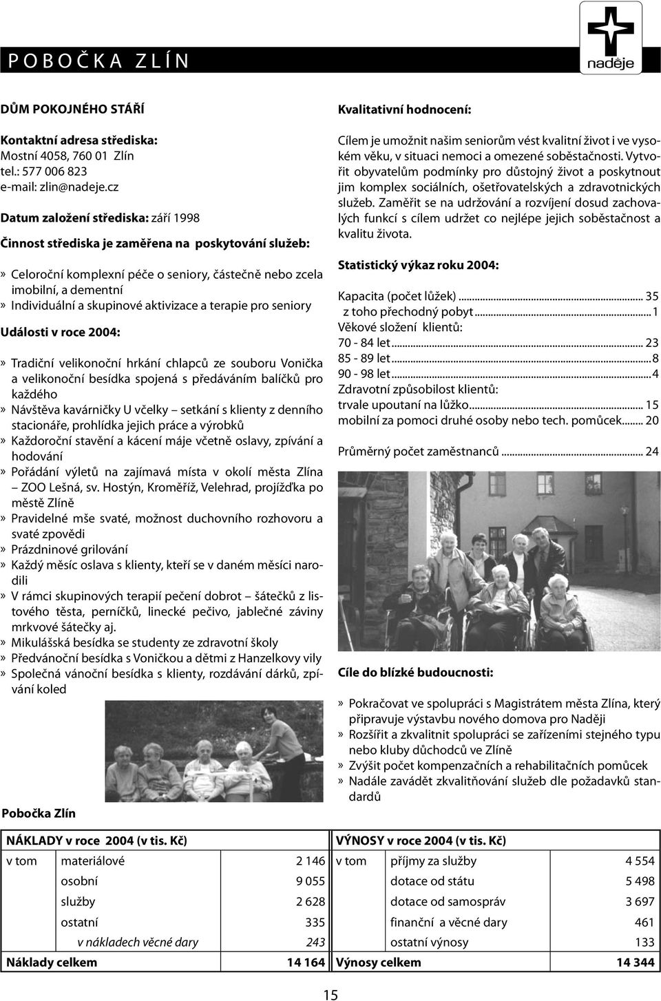 aktivizace a terapie pro seniory Události v roce 2004:» Tradiční velikonoční hrkání chlapců ze souboru Vonička a velikonoční besídka spojená s předáváním balíčků pro každého» Návštěva kavárničky U