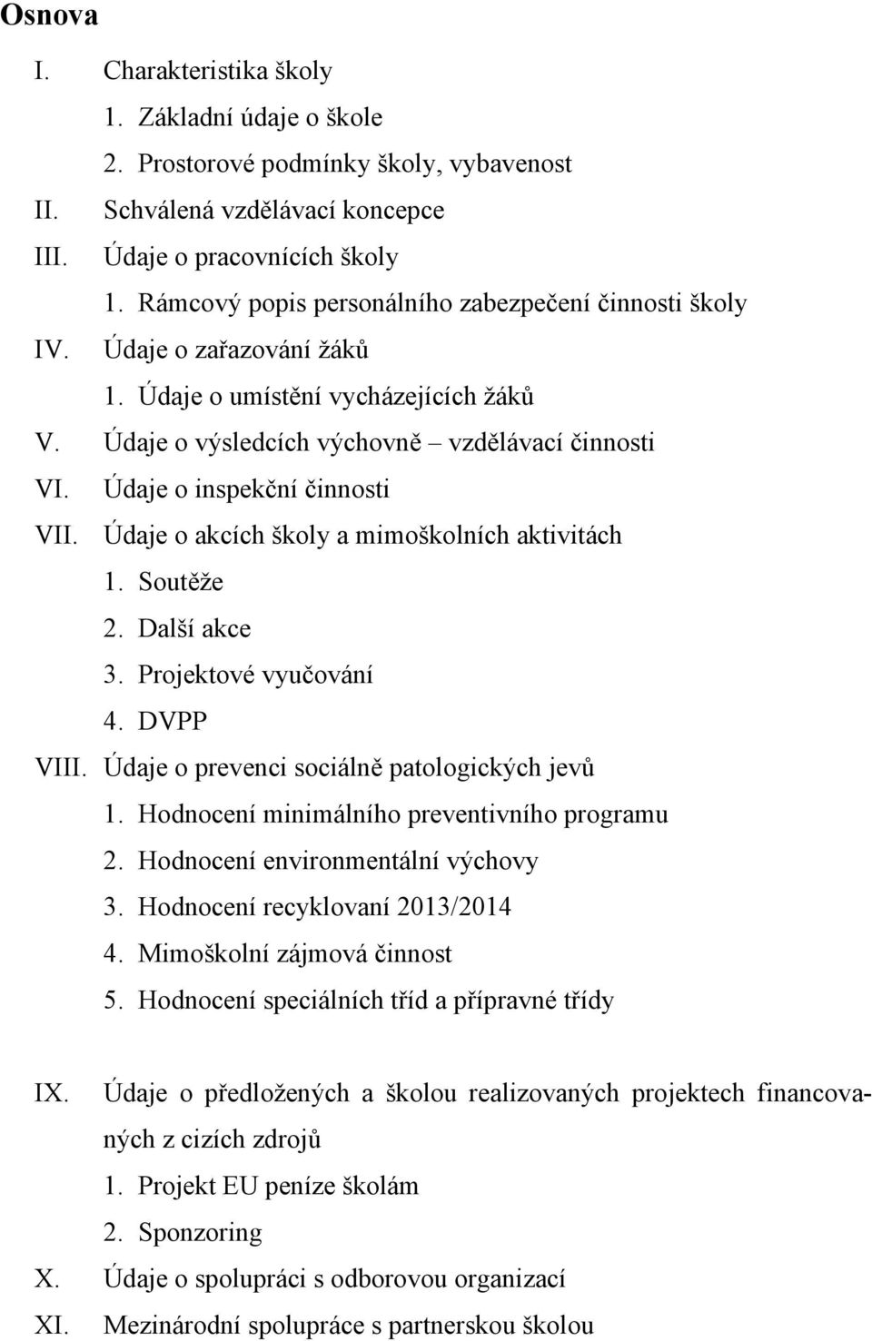 Údaje o inspekční činnosti VII. Údaje o akcích školy a mimoškolních aktivitách 1. Soutěže 2. Další akce 3. Projektové vyučování 4. DVPP VIII. Údaje o prevenci sociálně patologických jevů 1.