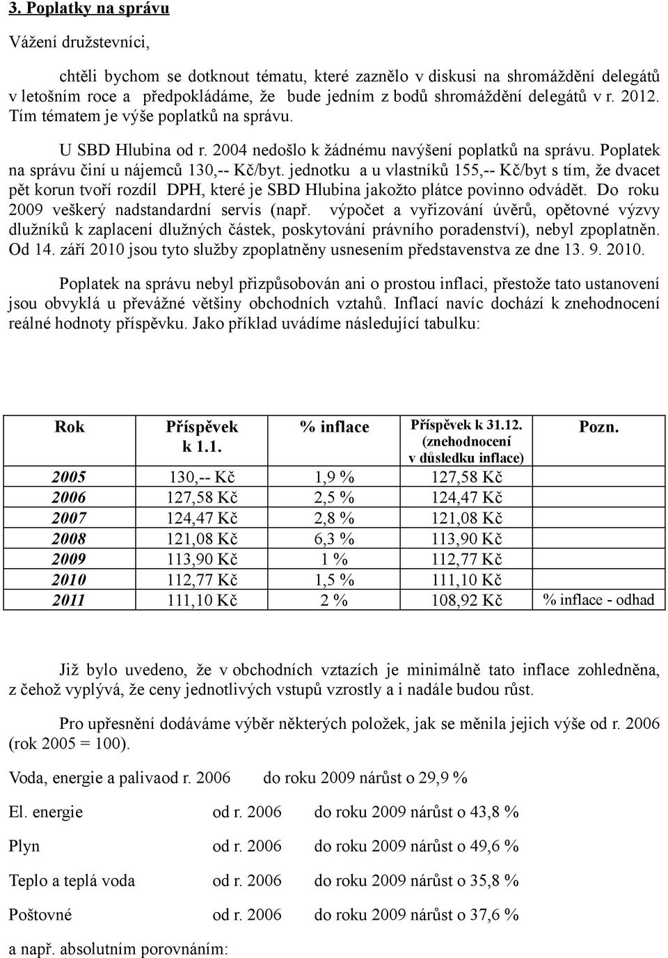 jednotku a u vlastníků 155,-- Kč/byt s tím, že dvacet pět korun tvoří rozdíl DPH, které je SBD Hlubina jakožto plátce povinno odvádět. Do roku 2009 veškerý nadstandardní servis (např.