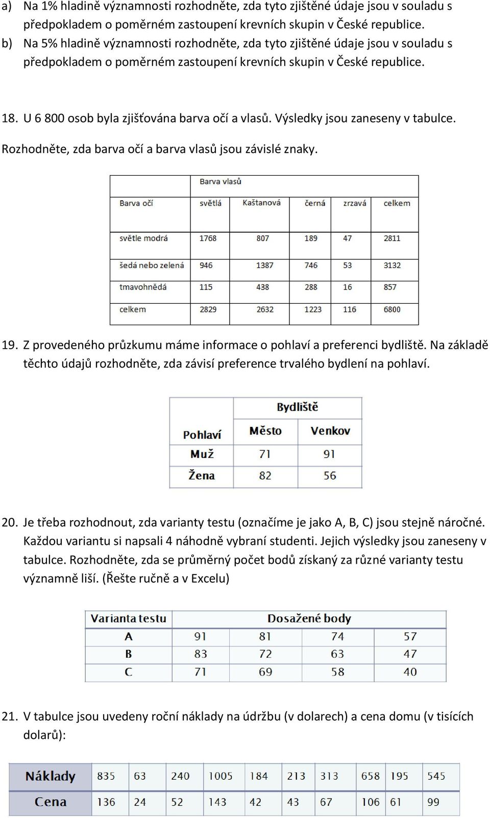 U 6 800 osob byla zjišťována barva očí a vlasů. Výsledky jsou zaneseny v tabulce. Rozhodněte, zda barva očí a barva vlasů jsou závislé znaky. 19.