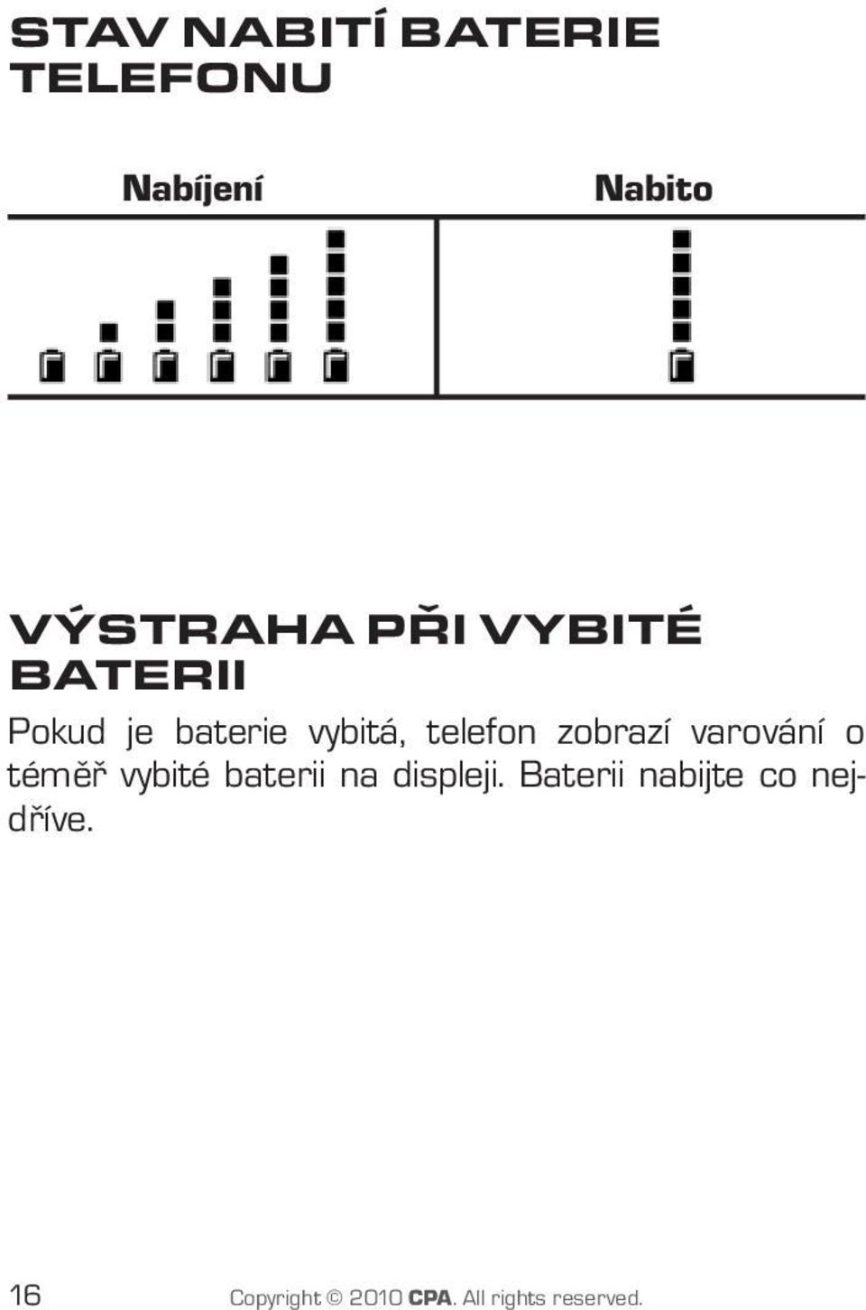 varování o téměř vybité baterii na displeji.