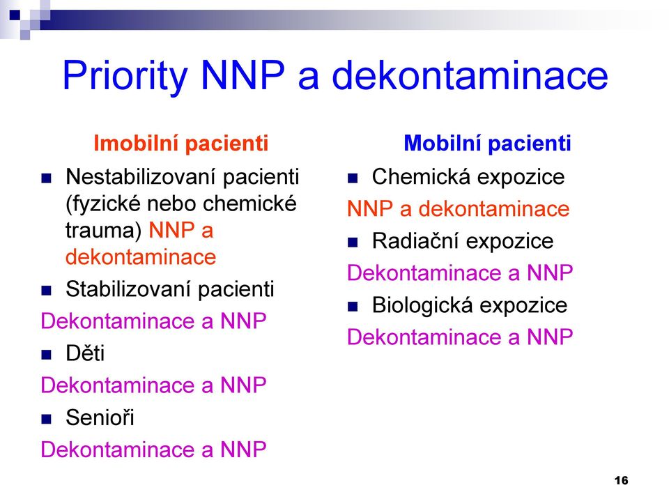 Dekontaminace a NNP Senioři Dekontaminace a NNP Mobilní pacienti Chemická expozice NNP a