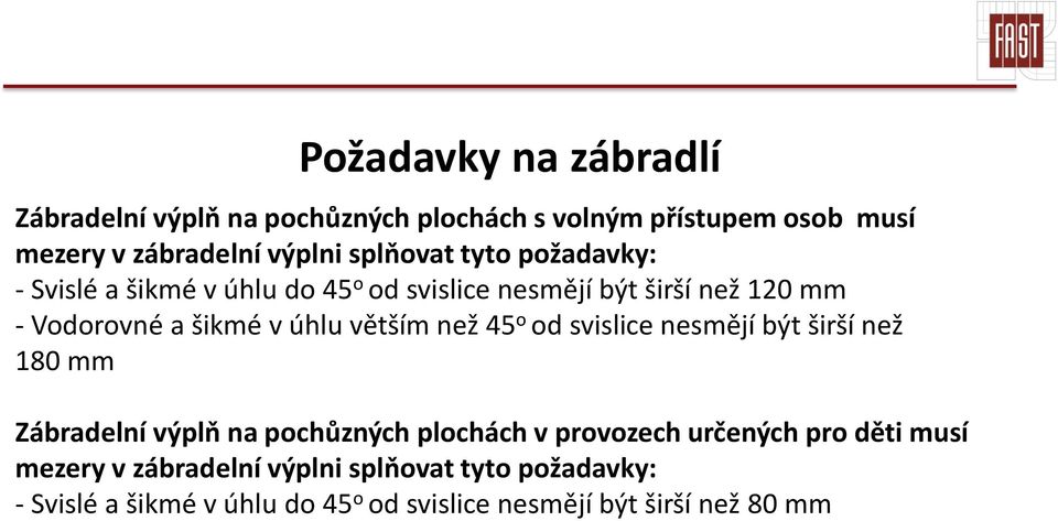 větším než 45 o od svislice nesmějí být širší než 180 mm Zábradelní výplň na pochůzných plochách v provozech určených pro