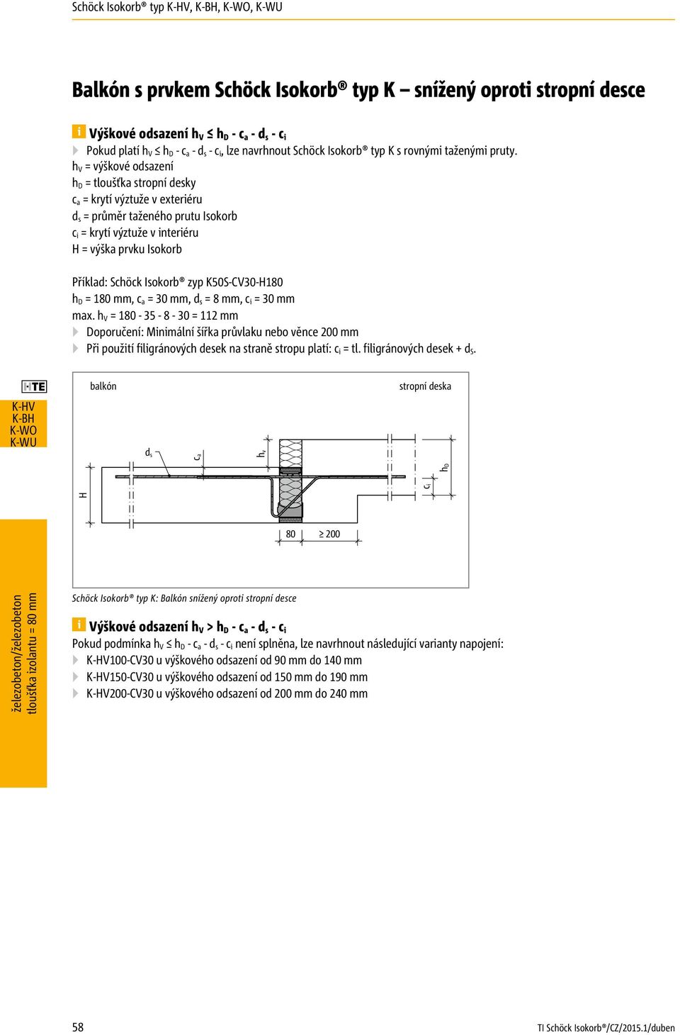 h V = výškové odsazení h D = tloušťka stropní desky c a = krytí výztuže v exteriéru d s = průměr taženého prutu Isokorb c i = krytí výztuže v interiéru H = výška prvku Isokorb Příklad: Schöck Isokorb