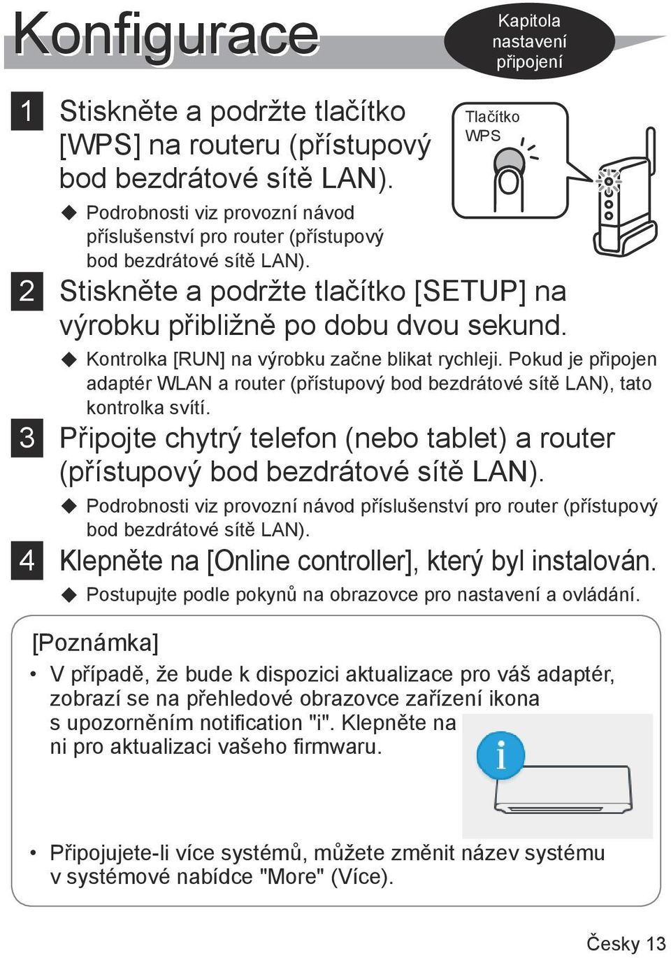 Kontrolka [RUN] na výrobku začne blikat rychleji. Pokud je připojen adaptér WLAN a router (přístupový bod bezdrátové sítě LAN), tato kontrolka svítí.