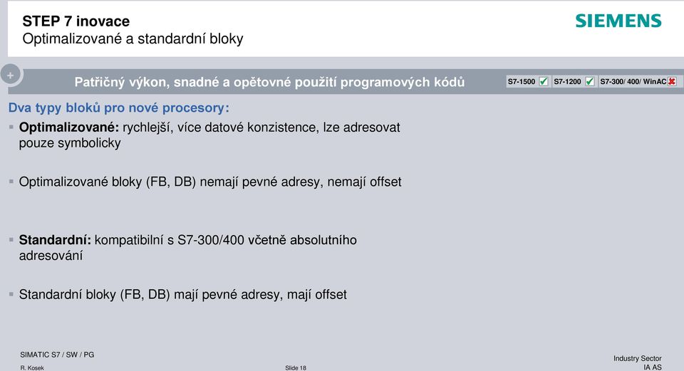 symbolicky Optimalizované bloky (FB, DB) nemají pevné adresy, nemají offset Standardní: kompatibilní s