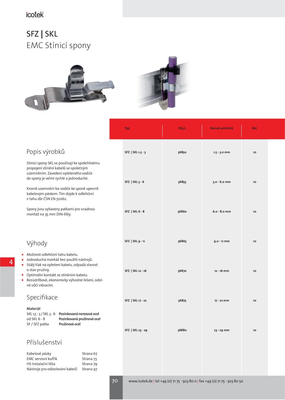 36850 1.5-3.0 mm 10 SFZ SKL 3-6 36855 3.0-6.0 mm 10 Spony jsou vybaveny patkami pro snadnou montáž na mm DIN-lišty. SFZ SKL 6-8 36860 6.0-8.0 mm 10 Možnost odlehčení tahu kabelu.