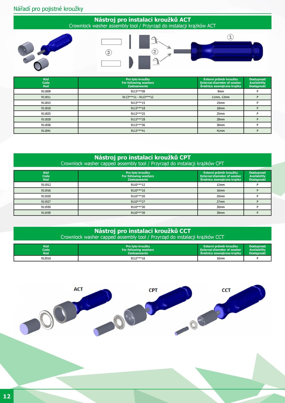 911828 9113***28 28mm P 911836 9113***36 36mm P 911841 9113***41 41mm P Nástroj pro instalaci kroužků CPT Crownlock washer capped assembly tool / Przyrząd do instalacji krążków CPT Pro tyto kroužky