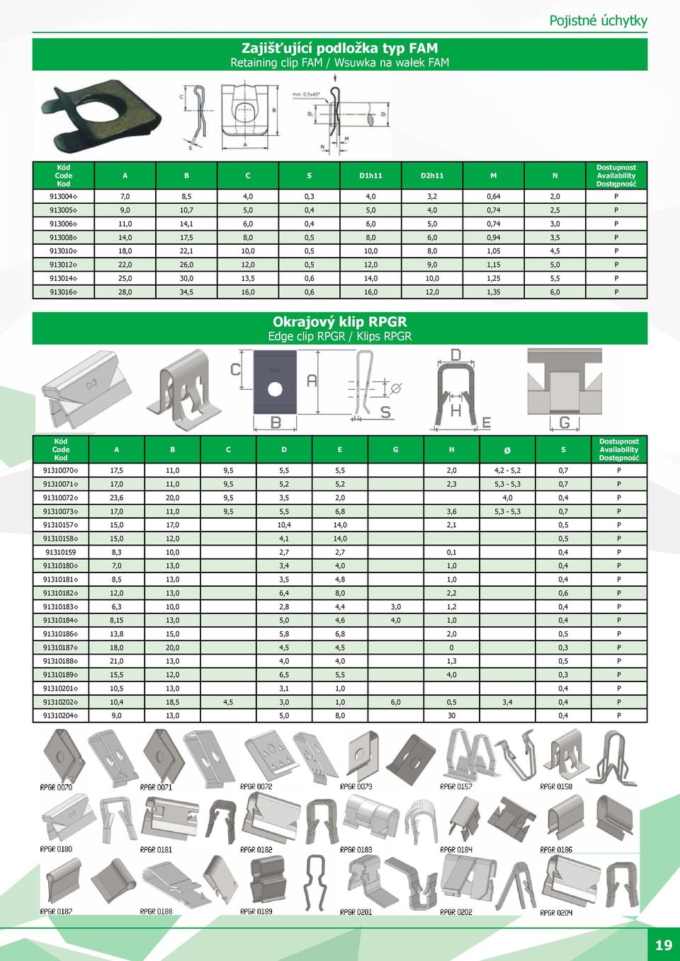 13,5 0,6 14,0 10,0 1,25 5,5 P 913016 28,0 34,5 16,0 0,6 16,0 12,0 1,35 6,0 P Okrajový klip RPGR Edge clip RPGR / Klips RPGR A B C D E G H ø S 91310070 17,5 11,0 9,5 5,5 5,5 2,0 4,2-5,2 0,7 P 91310071