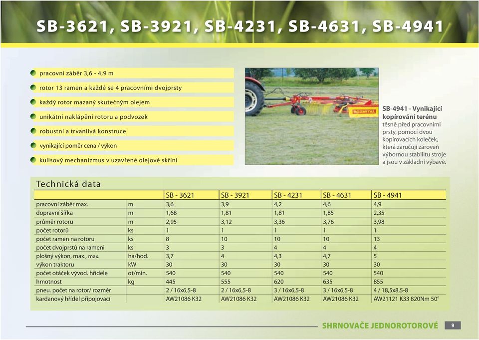 koleček, která zaručují zároveň výbornou stabilitu stroje a jsou v základní výbavě. Technická data SB - 3621 SB - 3921 SB - 4231 SB - 4631 SB - 4941 pracovní záběr max.