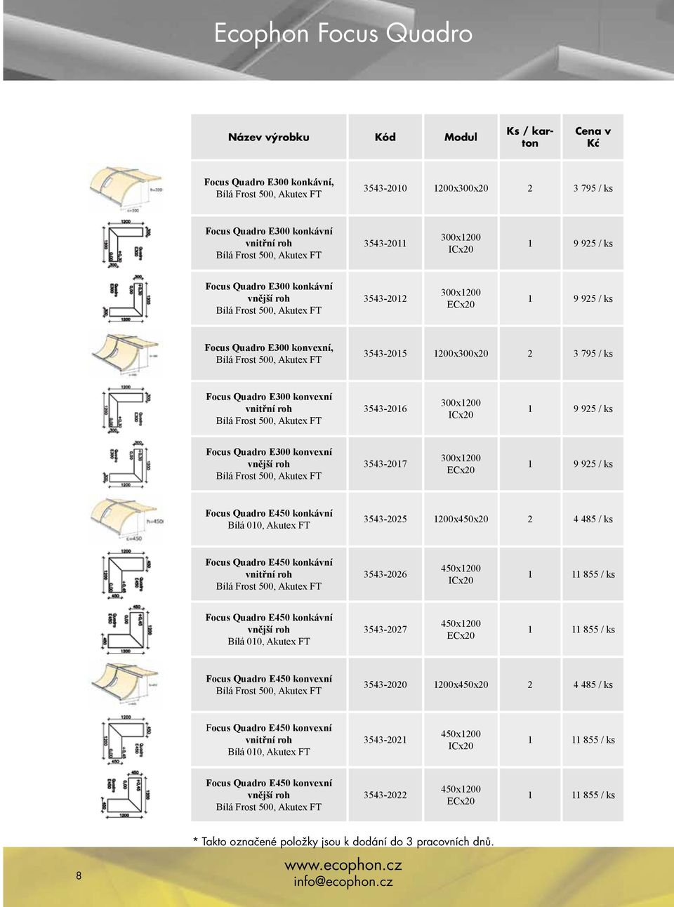925 / ks Focus Quadro E300 konvexní vnější roh, 3543-2017 300x1200 ECx20 1 9 925 / ks Focus Quadro E450 konkávní 0, 3543-2025 1200x450x20 2 4 485 / ks Focus Quadro E450 konkávní vnitřní roh,