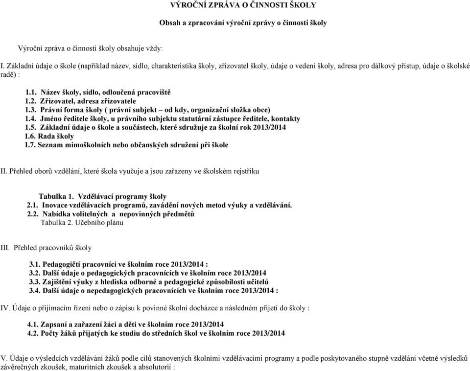 1. Název školy, sídlo, odloučená pracoviště 1.2. Zřizovatel, adresa zřizovatele 1.3. Právní forma školy ( právní subjekt od kdy, organizační složka obce) 1.4.