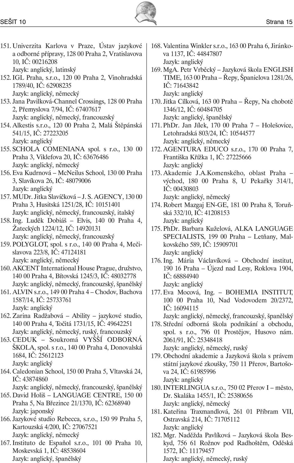 SCHOLA COMENIANA spol. s r.o., 130 00 Praha 3, Viklefova 20, IČ: 63676486 Jazyk: anglický, německý 156. Eva Kudrnová McNeilus School, 130 00 Praha 3, Slavíkova 26, IČ: 48079006 Jazyk: anglický 157.