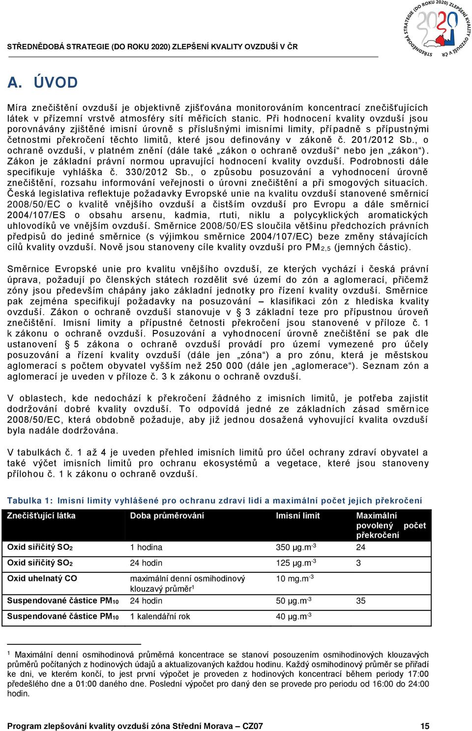 201/2012 Sb., o ochraně ovzduší, v platném znění (dále také zákon o ochraně ovzduší nebo jen zákon ). Zákon je základní právní normou upravující hodnocení kvality ovzduší.