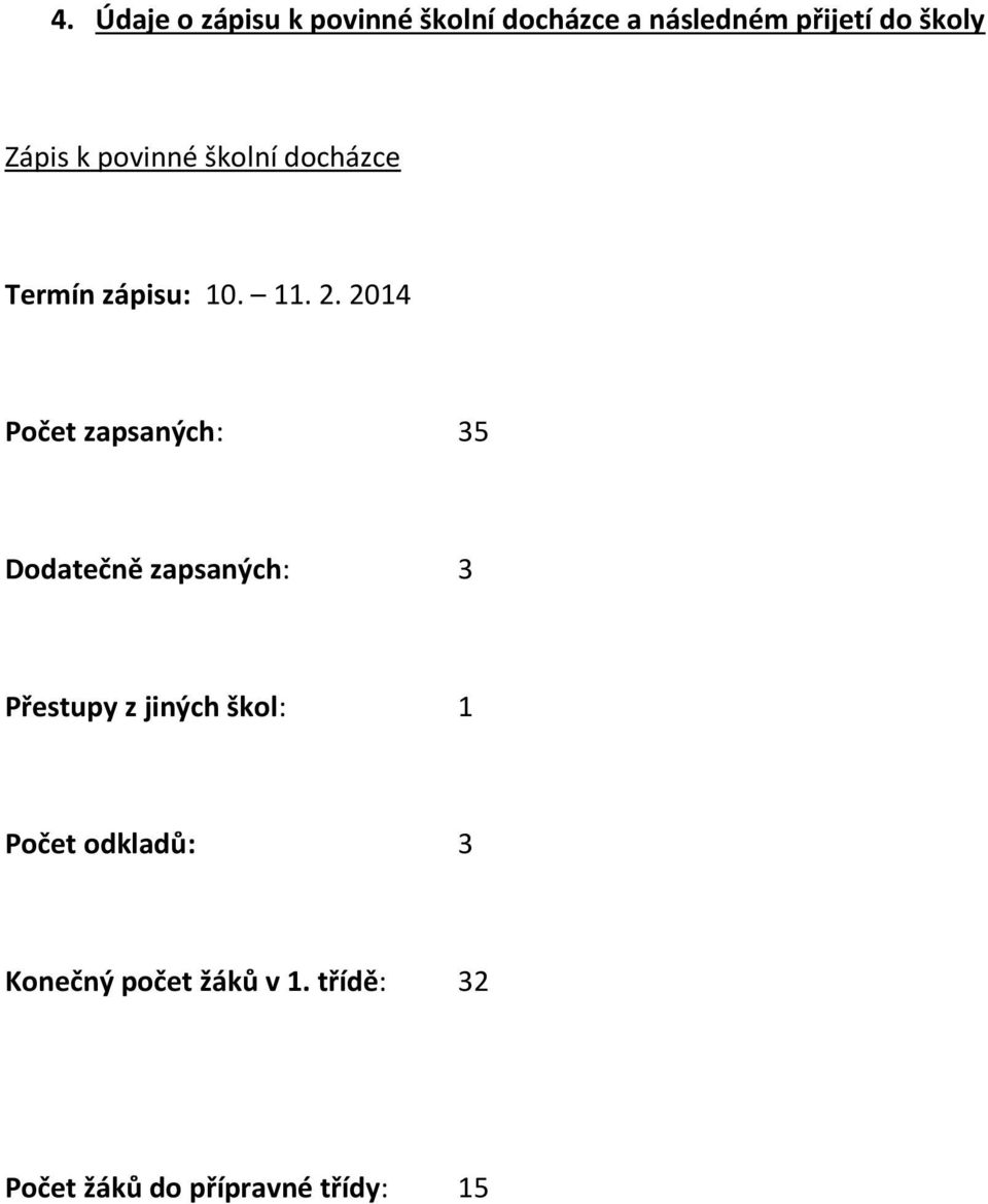 2014 Počet zapsaných: 35 Dodatečně zapsaných: 3 Přestupy z jiných škol: