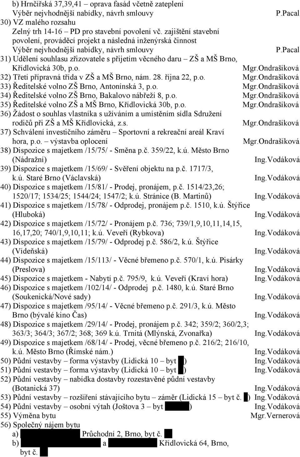 Pacal 31) Udělení souhlasu zřizovatele s přijetím věcného daru ZŠ a MŠ Brno, Křídlovická 30b, p.o. Mgr.Ondrašíková 32) Třetí přípravná třída v ZŠ a MŠ Brno, nám. 28. října 22, p.o. Mgr.Ondrašíková 33) Ředitelské volno ZŠ Brno, Antonínská 3, p.