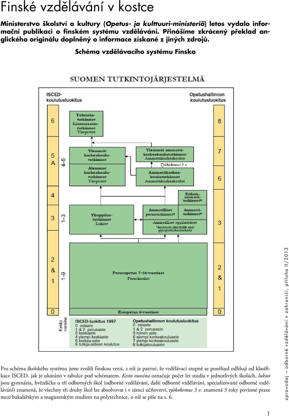Schéma vzdělávacího systému Finska Pro schéma školského systému jsme zvolili finskou verzi, z níž je patrné, že vzdělávací stupně se poněkud odlišují od klasifikace ISCED, jak je ukázáno v tabulce