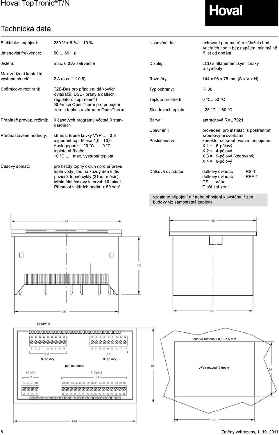 0,8) Displej: LCD s alfanumerickými znaky a symboly Rozměry: 144 x 96 x 75 mm (Š x V x H) Sběrnicové rozhraní: T2B-Bus pro připojení dálkových ovladačů, DSL - brány a dalších regulátorů TopTronic T