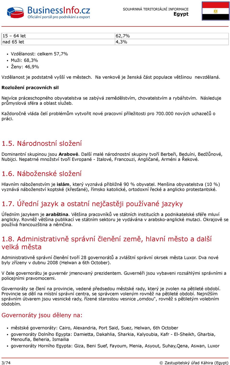 Každoročně vláda čelí problémům vytvořit nové pracovní příležitosti pro 700.000 nových uchazečů o práci. 1.5. Národnostní složení Dominantní skupinou jsou Arabové.