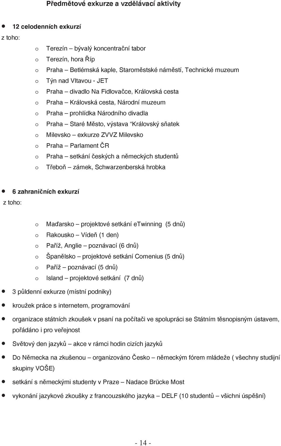 exkurze ZVVZ Milevsko o Praha Parlament R o Praha setkání eských a n meckých student o T ebo zámek, Schwarzenberská hrobka 6 zahrani ních exkurzí z toho: o o o o o o Ma arsko projektové setkání