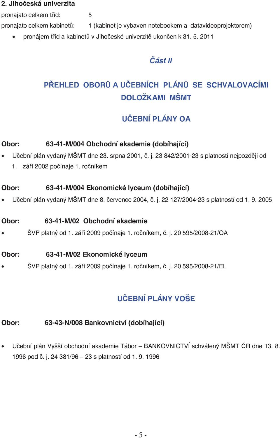 2011 ást II P EHLED OBOR A U EBNÍCH PLÁN SE SCHVALOVACÍMI DOLOŽKAMI MŠMT U EBNÍ PLÁNY OA Obor: 63-41-M/004 Obchodní akademie (dobíhající) U ební plán vydaný MŠMT dne 23. srpna 2001,. j.