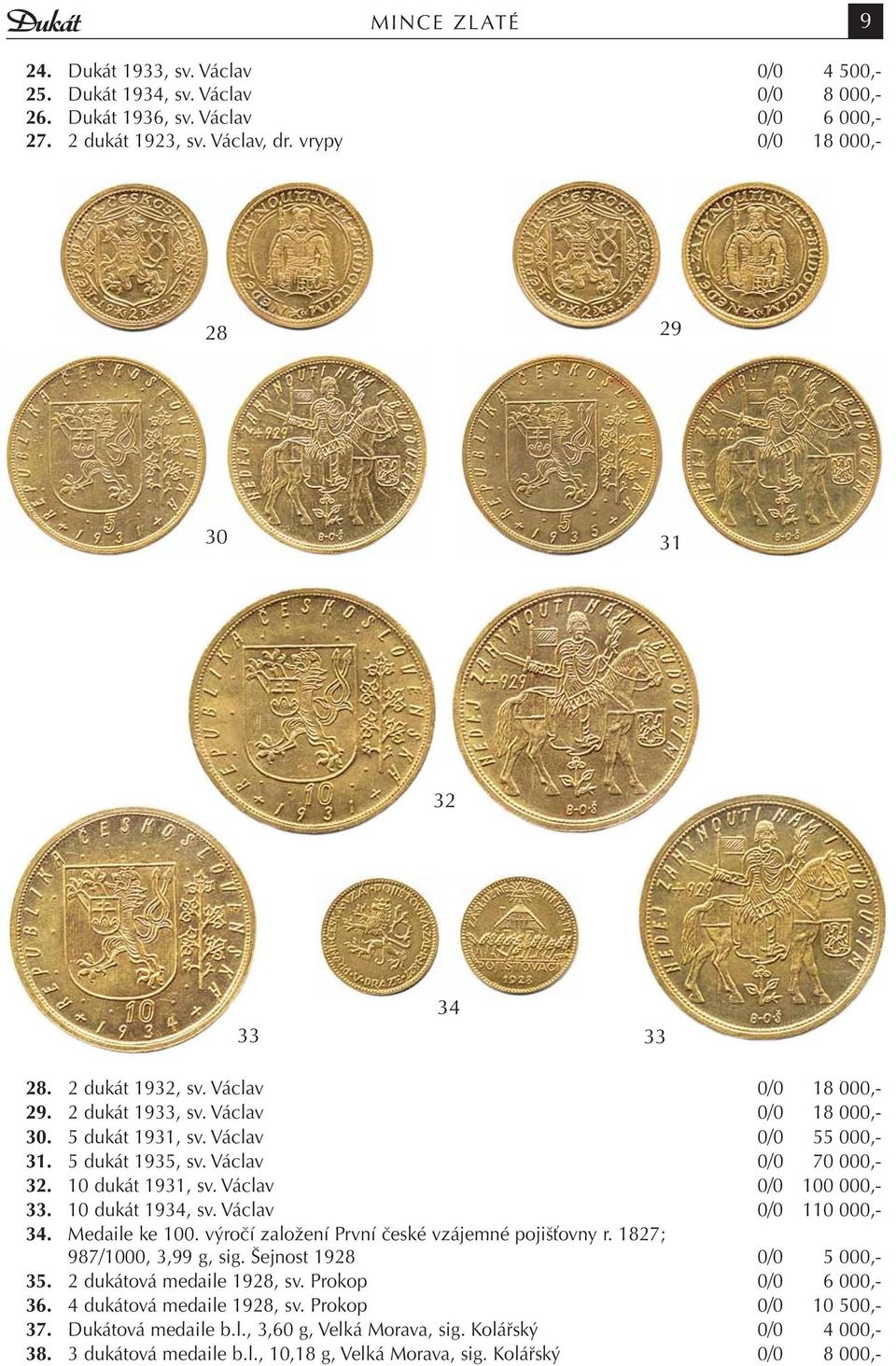 Václav 0/0 70 000,- 32. 10 dukát 1931, sv. Václav 0/0 100 000,- 33. 10 dukát 1934, sv. Václav 0/0 110 000,- 34. Medaile ke 100. výročí založení První české vzájemné pojišťovny r.