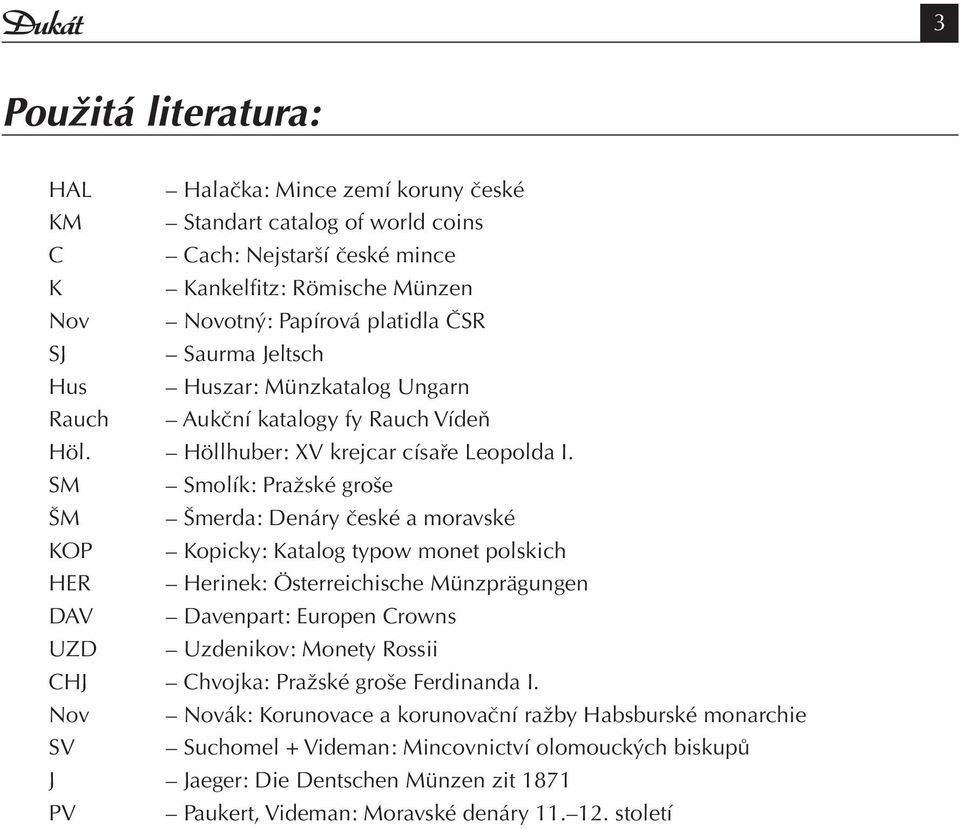 SM Smolík: Pražské groše ŠM Šmerda: Denáry české a moravské KOP Kopicky: Katalog typow monet polskich HER Herinek: Österreichische Münzprägungen DAV Davenpart: Europen Crowns UZD Uzdenikov: