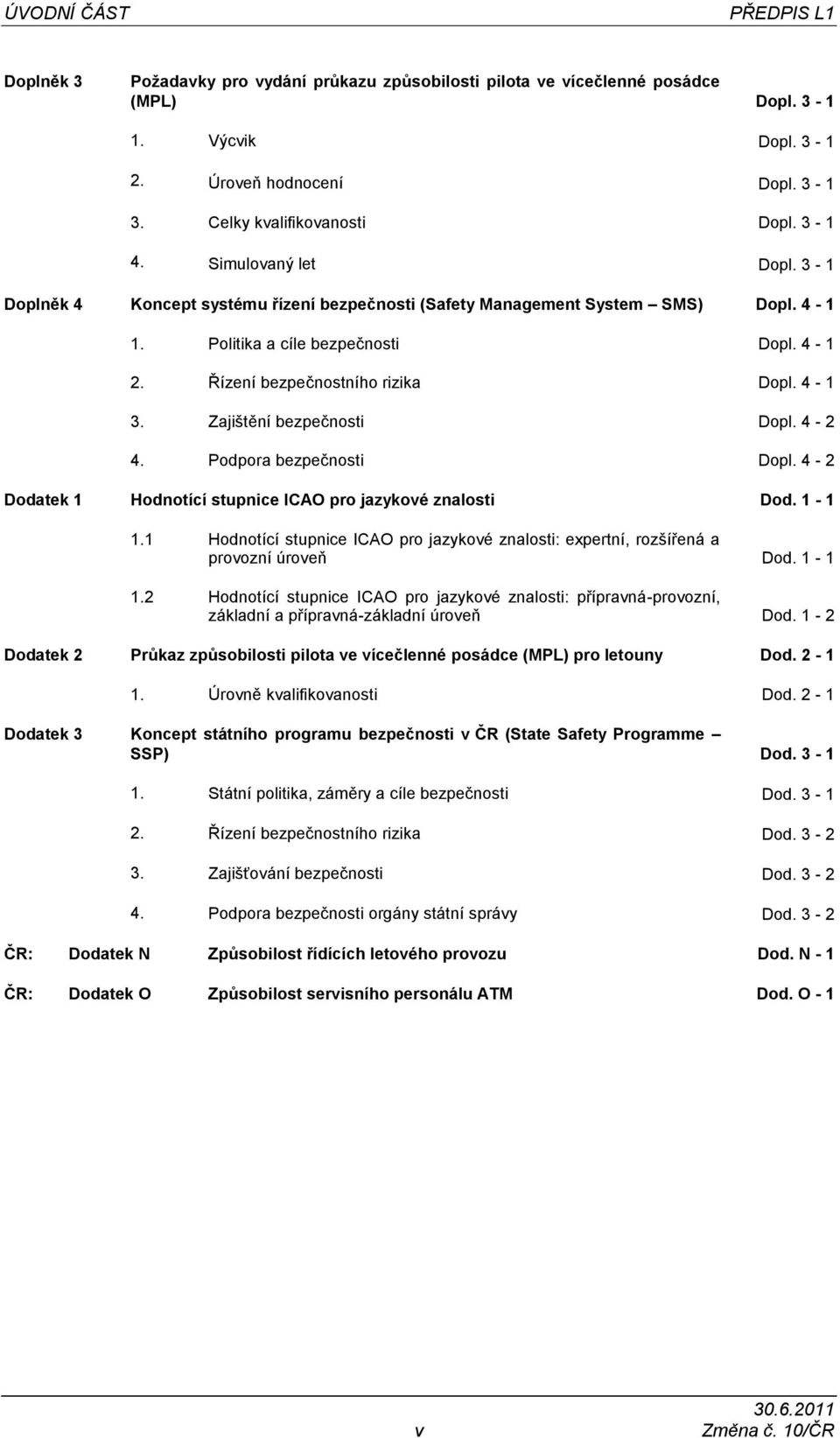 Řízení bezpečnostního rizika Dopl. 4-1 3. Zajištění bezpečnosti Dopl. 4-2 4. Podpora bezpečnosti Dopl. 4-2 Dodatek 1 Hodnotící stupnice ICAO pro jazykové znalosti Dod. 1-1 1.