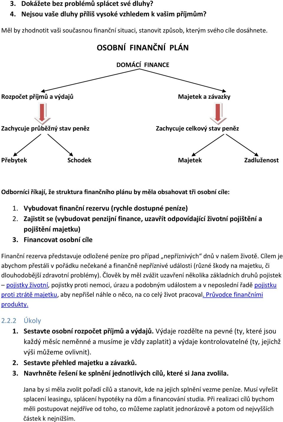 struktura finančního plánu by měla obsahovat tři osobní cíle: 1. Vybudovat finanční rezervu (rychle dostupné peníze) 2.