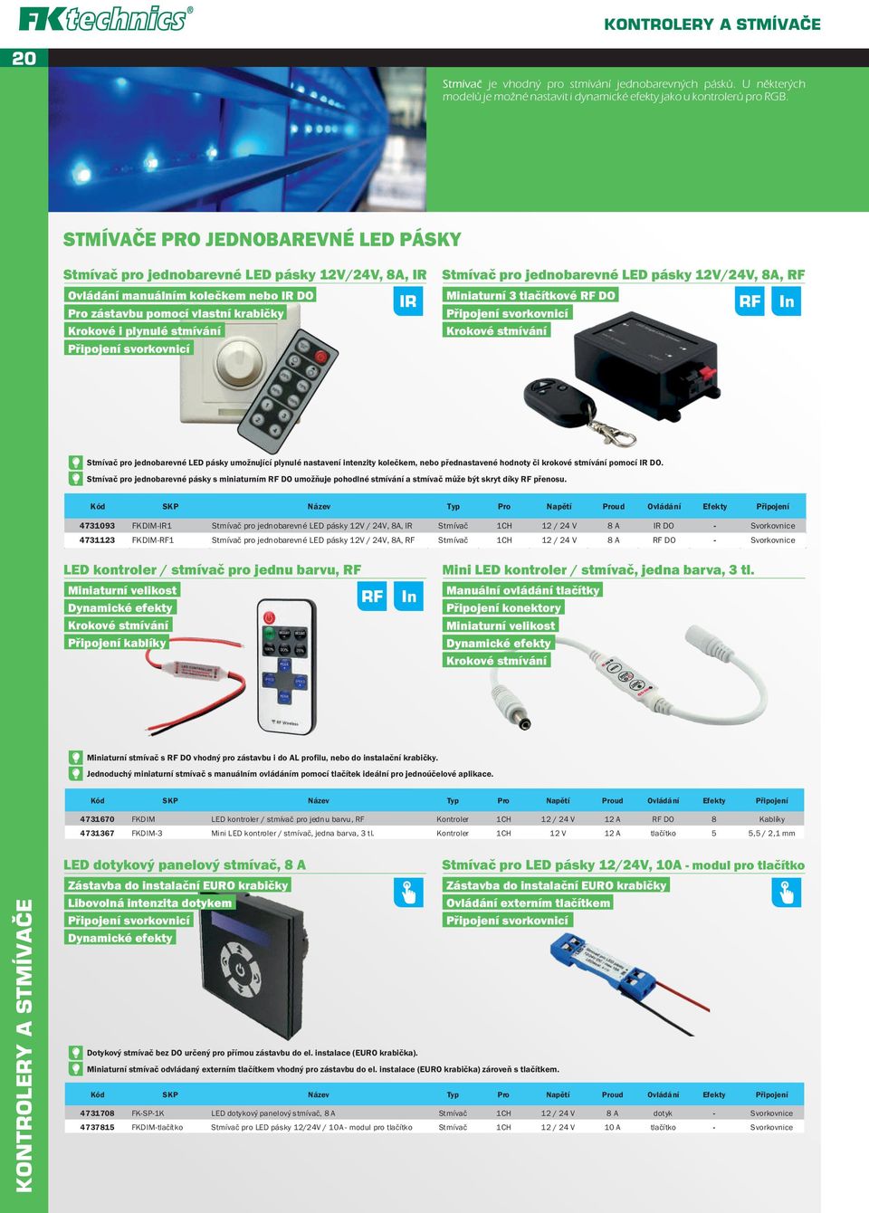 svorkovnicí IR Stmívač pro jednobarevné LED pásky 12V/24V, 8A, RF Miniaturní 3 tlačítkové RF DO Připojení svorkovnicí Krokové stmívání RF In Stmívač pro jednobarevné LED pásky umožnující plynulé