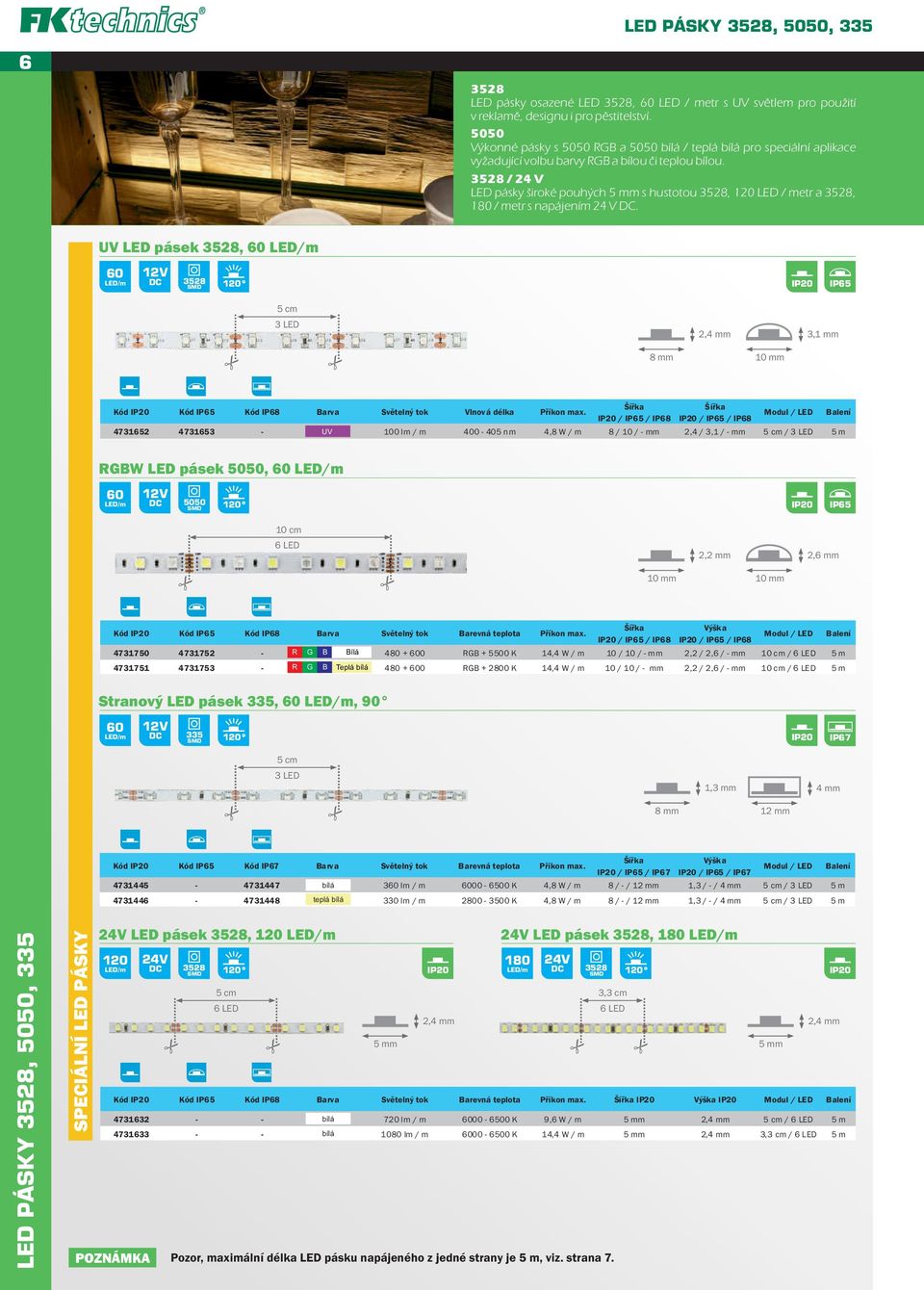 3528 / 24 V LED pásky široké pouhých 5 mm s hustotou 3528, 120 LED / metr a 3528, 180 / metr s napájením 24 V DC.