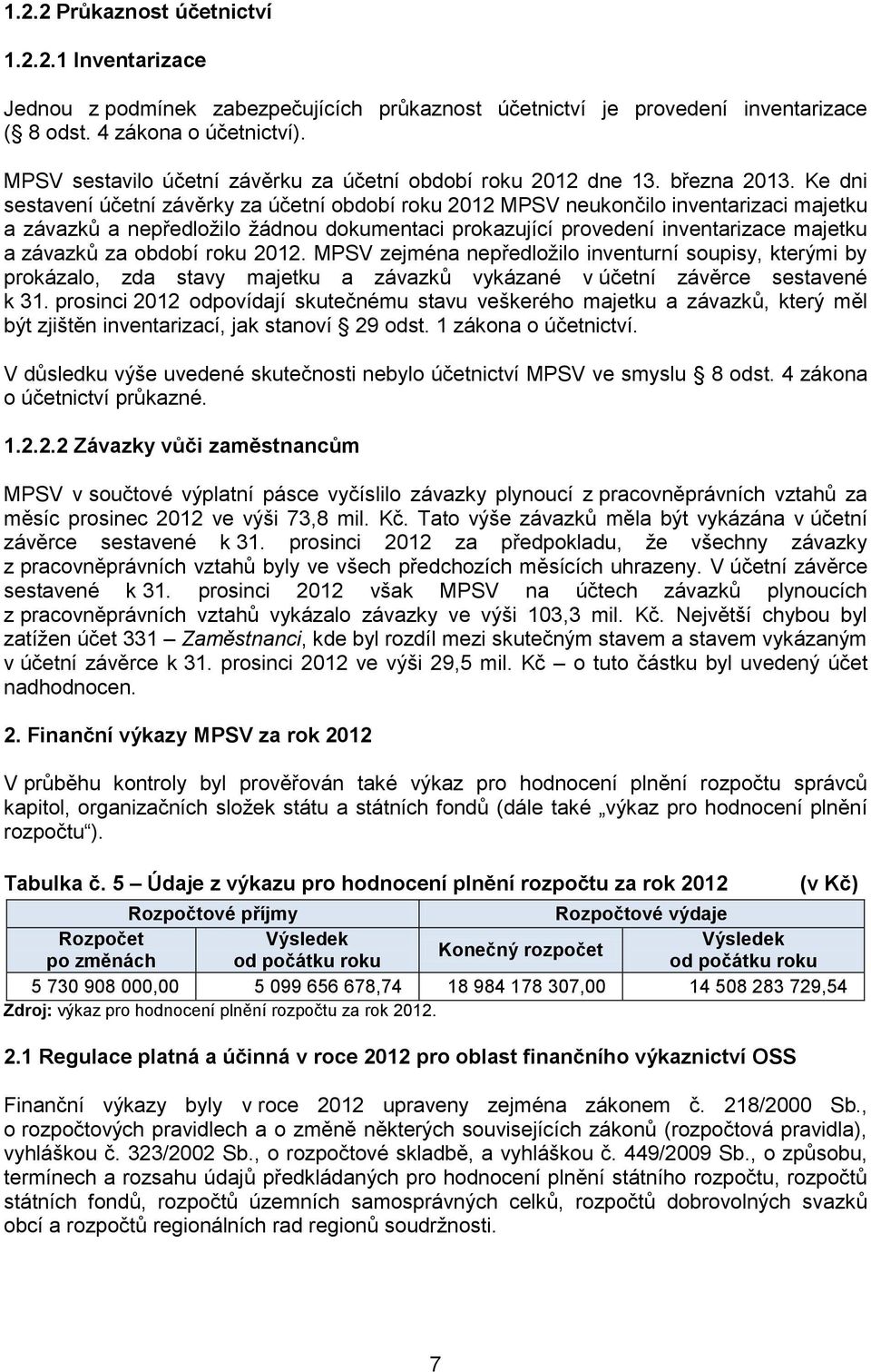 Ke dni sestavení účetní závěrky za účetní období roku 2012 MPSV neukončilo inventarizaci majetku a závazků a nepředložilo žádnou dokumentaci prokazující provedení inventarizace majetku a závazků za