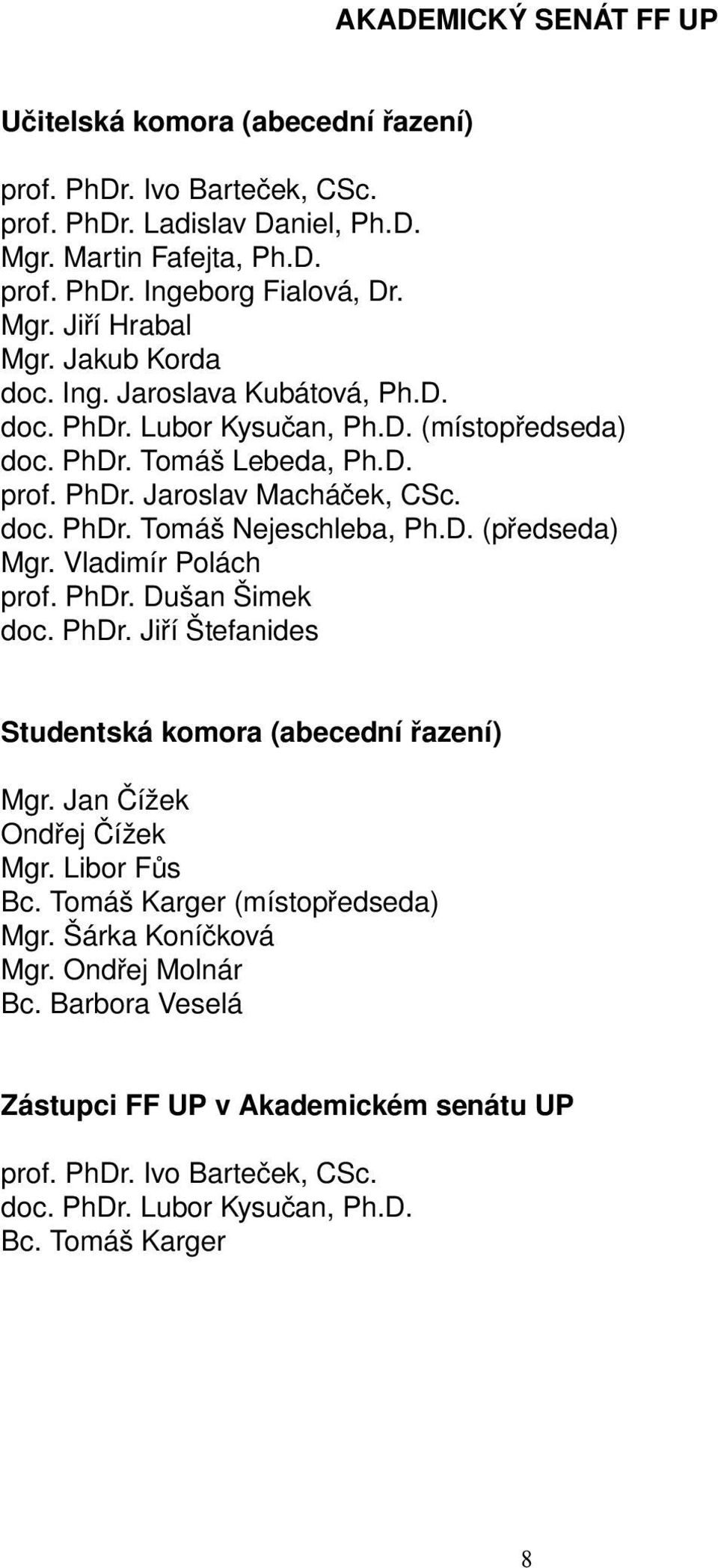 D. (předseda) Mgr. Vladimír Polách prof. PhDr. Dušan Šimek doc. PhDr. Jiří Štefanides Studentská komora (abecední řazení) Mgr. Jan Čížek Ondřej Čížek Mgr. Libor Fůs Bc.